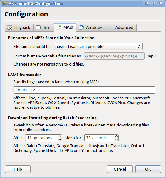 AwesomeTTS configuration dialog with the MP3s tab selected