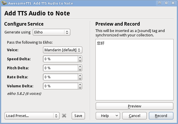 AwesomeTTS note editor dialog with the Ekho service activated