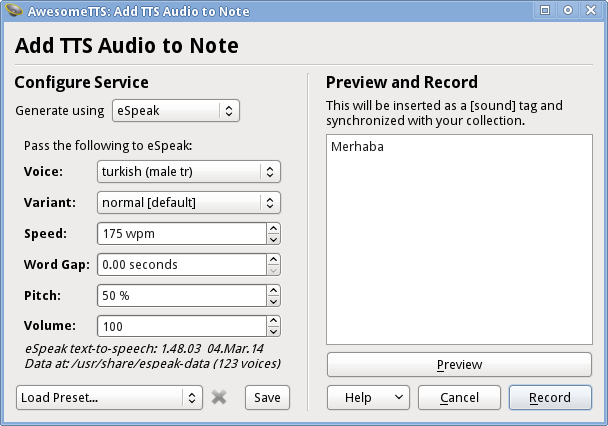 AwesomeTTS note editor dialog with the eSpeak service activated