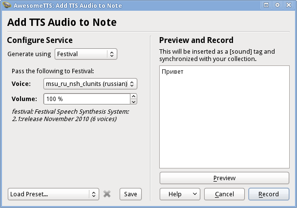 AwesomeTTS note editor dialog with the Festival service activated
