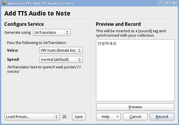 AwesomeTTS note editor dialog with ImTranslator service activated