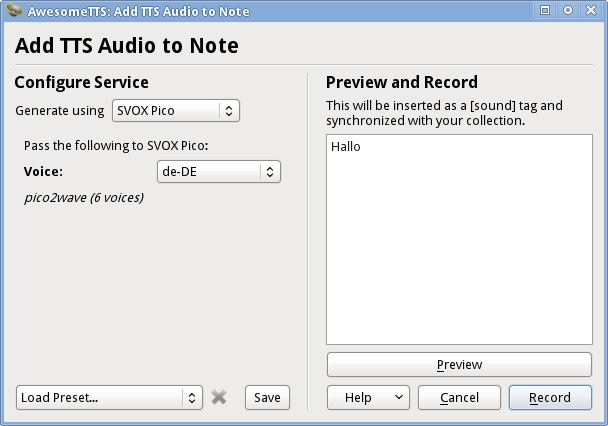 AwesomeTTS note editor dialog w/ the SVOX Pico service activated