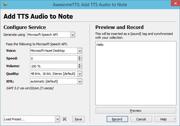 AwesomeTTS note editor dialog with the SAPI 5 service activated