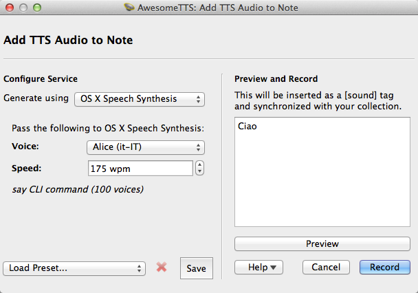 AwesomeTTS note editor dialog with the OS X Say service activated