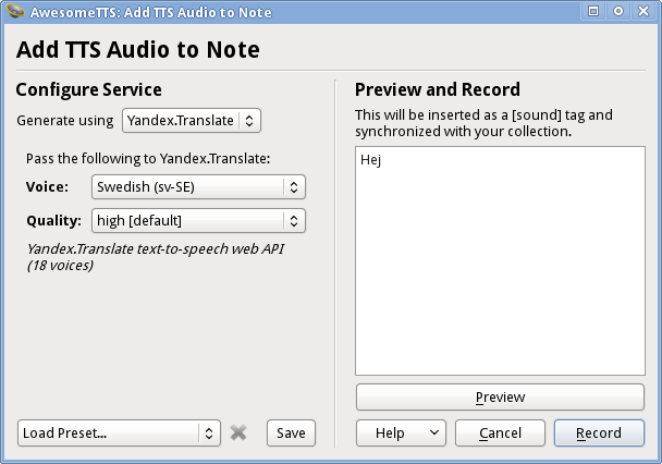 AwesomeTTS note editor dialog with the Yandex service activated